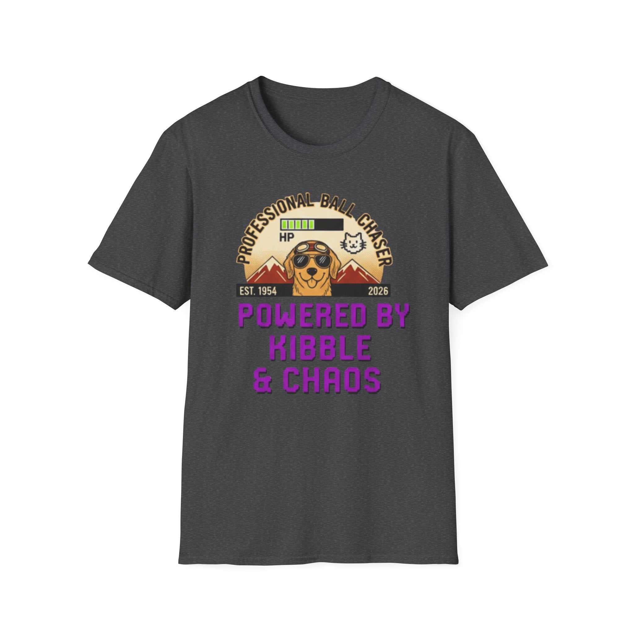 Professional Ball Chaser T-Shirt – Powered by Kibble & Chaos – Funny Dog Lover Tee – Dog Mom & Dad Gift – Pet Humor Shirt – Gildan 64000 Softstyle