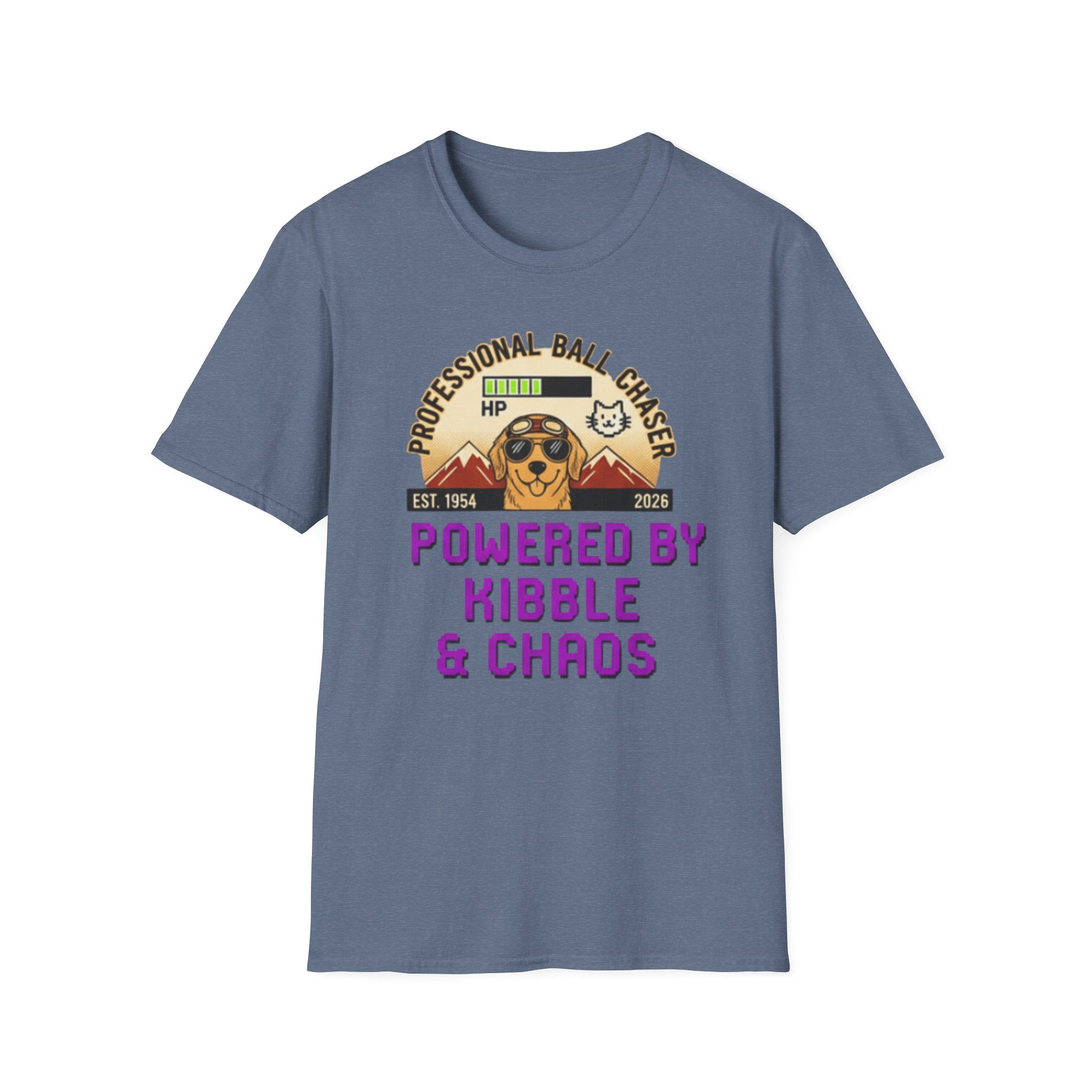 Professional Ball Chaser T-Shirt – Powered by Kibble & Chaos – Funny Dog Lover Tee – Dog Mom & Dad Gift – Pet Humor Shirt – Gildan 64000 Softstyle