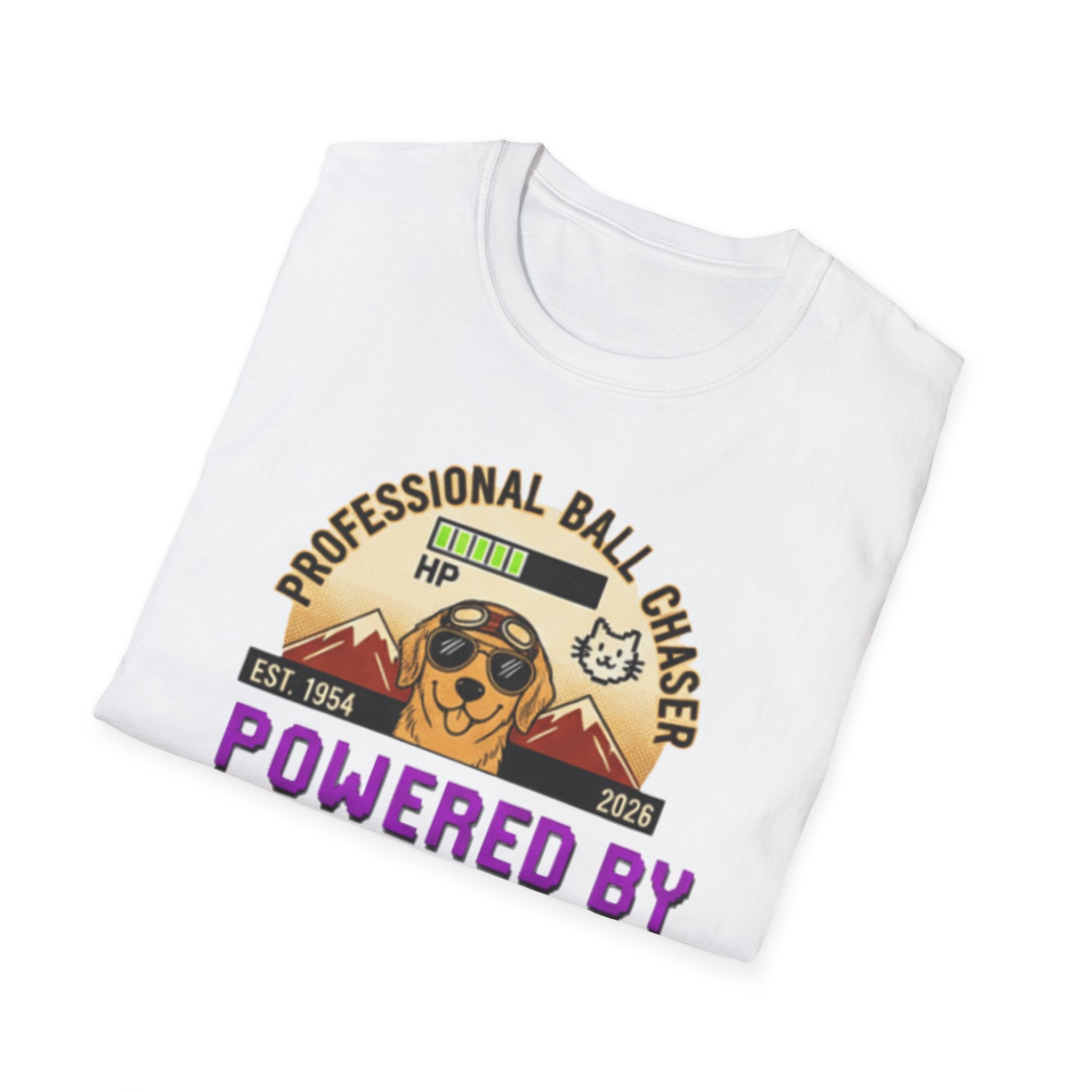Professional Ball Chaser T-Shirt – Powered by Kibble & Chaos – Funny Dog Lover Tee – Dog Mom & Dad Gift – Pet Humor Shirt – Gildan 64000 Softstyle