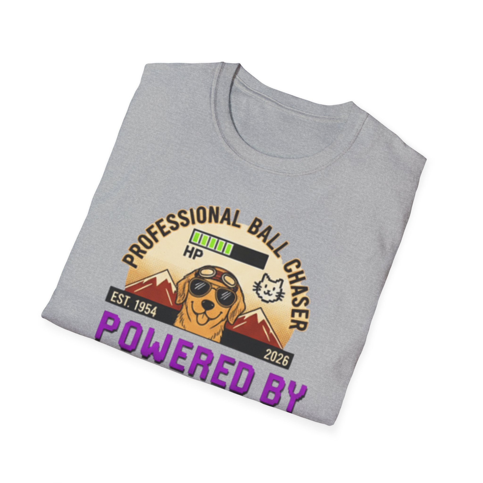 Professional Ball Chaser T-Shirt – Powered by Kibble & Chaos – Funny Dog Lover Tee – Dog Mom & Dad Gift – Pet Humor Shirt – Gildan 64000 Softstyle